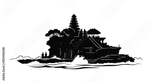 A striking black silhouette of a balinese temple complex perched on a rocky coastline showcasing intricate architecture silhouette