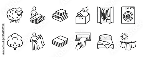 Comprehensive set of line art icons depicting various aspects of laundry, textile care, and bedding, presented in a clean, modern style