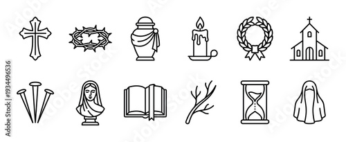 Collection of various Christian religious and spiritual line art icons is presented, featuring symbols like a cross, crown of thorns, urn, candle, church, and open book, rendered in a clean