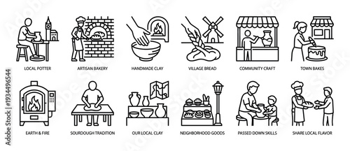 Collection of black line art icons beautifully illustrates traditional local crafts, artisan baking, community activities, and skill-sharing, presented in a clean, minimalist style
