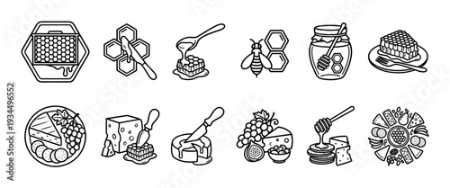 Diverse set of black and white line art icons illustrating honey, honeycomb, bees, cheese, grapes, and figs in various arrangements, rendered with clean lines and a simple, graphic style