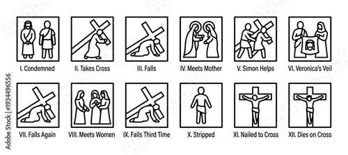 Twelve black and white minimalist icons illustrate the Stations of the Cross, depicting the significant events of the Passion of Christ in a clear, symbolic, and reverent style
