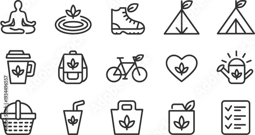 Eco friendly lifestyle icons with leaf symbols on white background