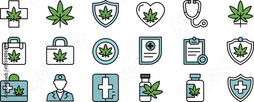 Medical marijuana icons with cannabis leaves and health symbols