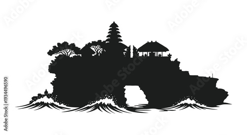 A dramatic black silhouette depicts a traditional balinese temple perched on a rocky cliff overlooking waves silhouette
