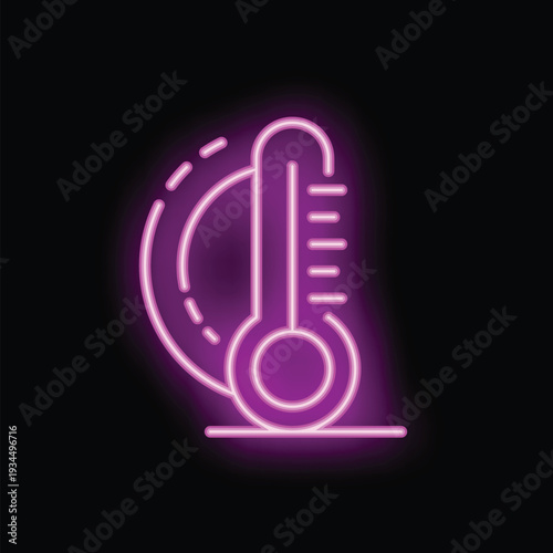 Glowing neon purple thermometer icon on a black background, indicating rising temperatures