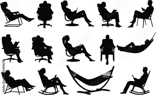 Black silhouettes of people sitting in lounge chairs, rockers, office seats, and hammocks, flat vector illustration design, isolated on white