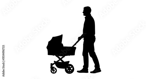 Man pushing baby stroller silhouette.