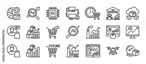 Comprehensive set of modern business icons illustrating concepts of artificial intelligence, logistics, e-commerce, data analysis, and industrial automation in a clean outline style