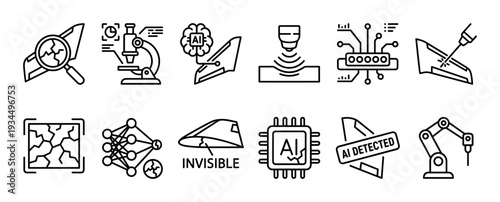 Comprehensive collection of artificial intelligence and technology line icons illustrating concepts like detection, analysis, neural networks, and robotic automation, presented outline style