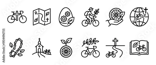 Ten distinct black line art icons depict themes of sustainable cycling, spiritual journeys, and environmental care, presented in a clean, modern, and illustrative style