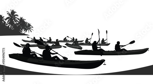 A group of kayakers paddle across calm waters near a tropical shoreline depicted as a silhouette high quality