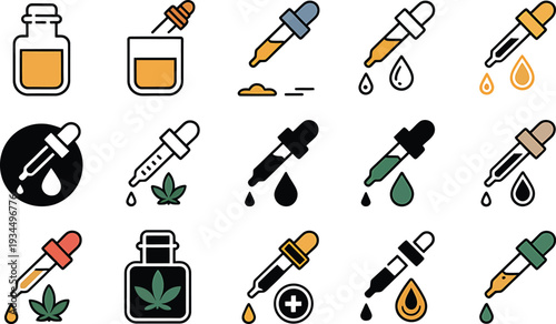 CBD oil dropper icons and bottles with cannabis leaves and liquid droplets