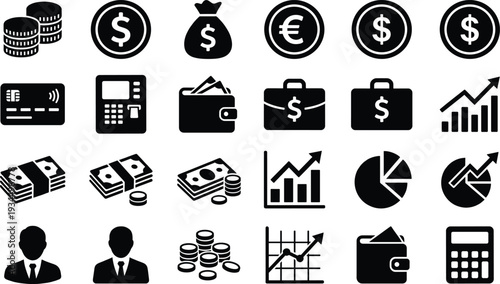 Solid Finance and Money Icons Set with Currency Symbols, Wallet, Credit Card, Investment Charts and Business Profit Graphics
