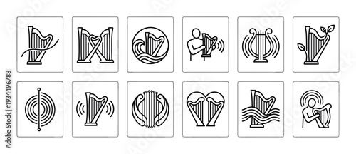 Twelve diverse black outline harp instrument icons are elegantly arranged, showcasing various artistic interpretations and symbolic representations of music and sound in a minimalist line art style
