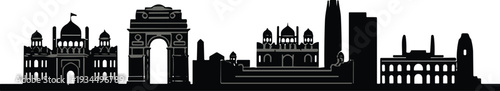 Delhi skyline silhouette, famous Indian monuments and landmarks cityscape illustration isolated on white background travel tourism vector design