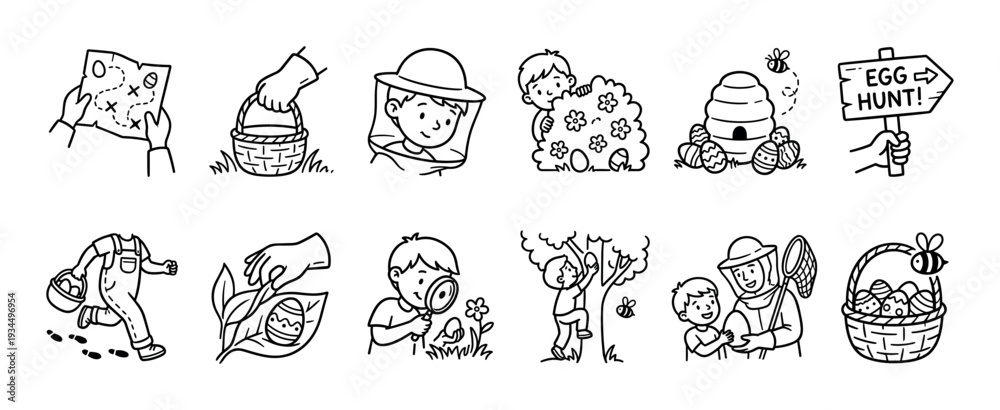 Fototapeta premium Collection of cheerful black and white line art illustrations depicting children enjoying an outdoor egg hunt and nature exploration, featuring maps, baskets, and bees in a playful, cartoonish style