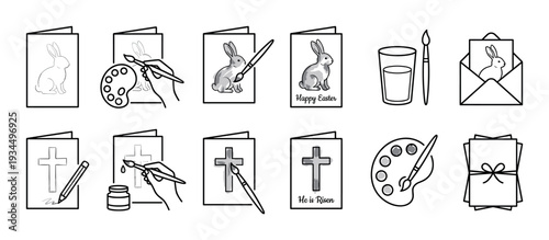 Black and white line art Easter card making icons illustrate how to create festive greeting cards, featuring bunnies, crosses, paint palettes, brushes, and pencils