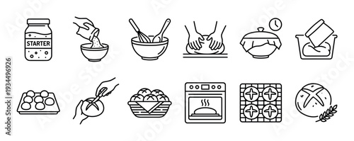 Twelve black outline icons illustrating the process of making homemade sourdough bread, from starter preparation and kneading to baking and serving, presented in a clean, modern linear style
