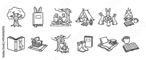 This charming collection of black and white line art icons illustrates various cozy outdoor reading and family activities, featuring trees, books, bunnies, a tent, campfire, and picnic elements