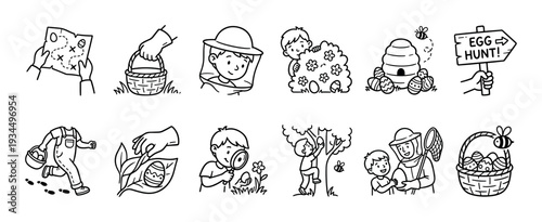 Collection of cheerful black and white line art illustrations depicting children enjoying an outdoor egg hunt and nature exploration, featuring maps, baskets, and bees in a playful, cartoonish style