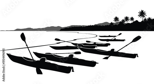 A tranquil tropical scene depicts multiple canoes and kayaks on calm waters presented as a striking silhouette