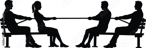 Black silhouettes of two men and two women sitting on benches playing tug of war, flat vector illustration on white