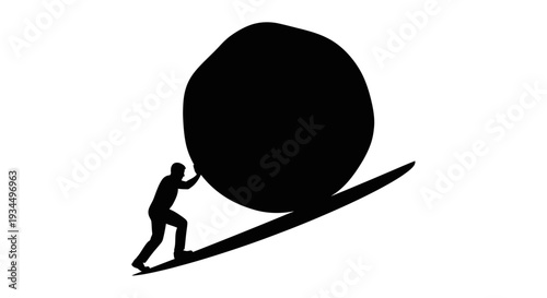 Man pushing large heavy black ball.