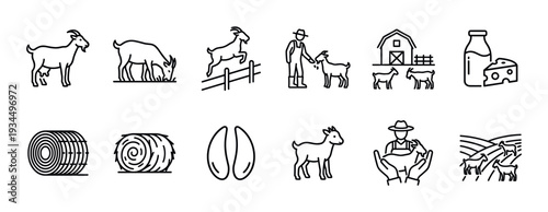 Twelve black outline icons depicting various goats, a farmer, barn, milk, cheese, hay bales, and hooves, illustrating goat farming and dairy production concepts