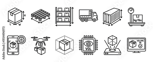Detailed line art icons for logistics and supply chain management illustrate package dimensions, weighing, drone delivery, smart inventory, and AI-powered automation processes