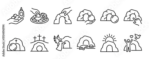 Comprehensive collection of black outline Easter resurrection icons vividly illustrates the biblical narrative of Jesus's empty tomb, featuring elements like an angel, burial cloths, rolling stone