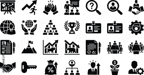 Solid Business and Management Icons Set with Strategy, Leadership, Analytics, Partnership, Investment and Corporate Success Symbols
