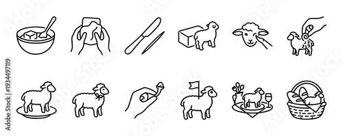 Simple black outline icons depicting various lamb and food-related elements, including sheep, butter, knives, and prepared dishes, presented in a clean, illustrative style