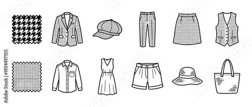 Various black and white line art clothing items and fabric swatches are neatly arranged, showcasing a collection of fashion apparel and textile patterns in a clean, illustrative style