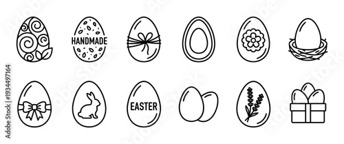 Twelve black outline Easter egg icons showcasing various festive decorations, symbols, and holiday themes in a clean, minimalist vector style