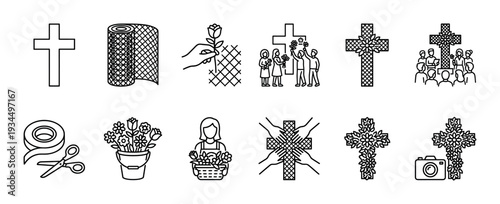 Collection of black outline funeral and memorial icons depicting crosses, flowers, people, and related items for remembrance and grief