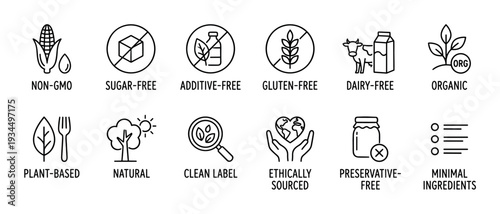 Collection of twelve outline icons representing food claims like non-GMO, sugar-free, organic, and plant-based, presented in a clean, modern, and informative vector style