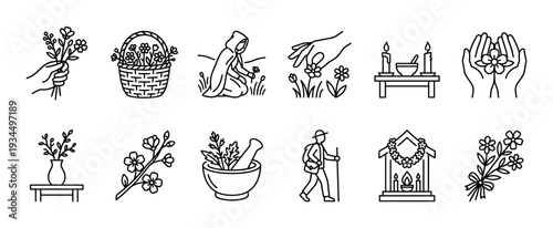 Collection of minimalist line art icons illustrates various aspects of nature, floral elements, and traditional practices, rendered with clean, simple strokes