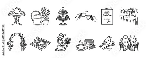 Charming collection of twelve line art icons depicting various elements of a delightful garden party, tea time, and outdoor social gathering, rendered in a clean, minimalist outline style