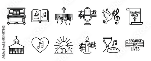 Collection of black outline Christian worship icons features various musical and spiritual symbols in a clean, modern vector style