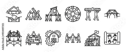 Collection of black line art icons illustrating various aspects of teamwork, construction, community building, and collaborative effort through simple, expressive symbols