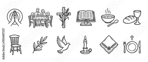 Collection of twelve religious and spiritual line art icons, depicting various Christian symbols and family moments in a clean, illustrative style