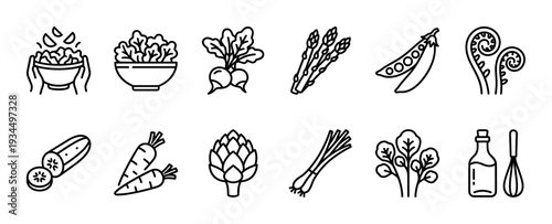 Diverse collection of healthy vegetable and cooking line art icons, featuring fresh produce like radishes, asparagus, carrots, and salad bowls, rendered in a clean, minimalist style