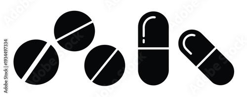 Medicine Vector Icon Collection, Including Capsules, Tablets, and Healthcare Symbols for Hospitals, Clinics, Pharmacy Branding, Medical Illustrations, and Digital Graphic Design.