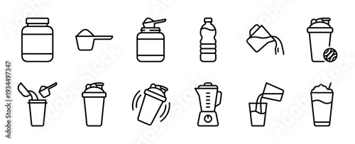 Various black outline fitness supplement and drink icons illustrate the process of preparing protein shakes and nutritional beverages in a clean, modern, and minimalist style