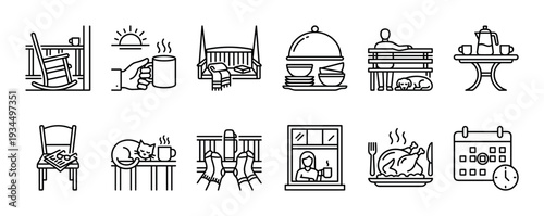 Collection of line art icons depicting various cozy home activities, relaxation, and comfort, rendered in a simple, clean, and modern style
