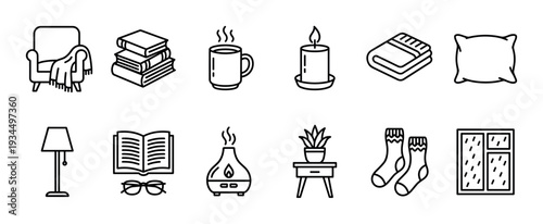 Collection of cozy home comfort line art icons, depicting various elements like an armchair, books, a steaming mug, and a candle, all rendered in a clean, minimalist outline style