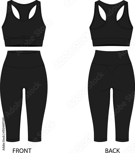 Black women sports bra and leggings mockup set including front and back view athletic yoga apparel templates for fitness branding