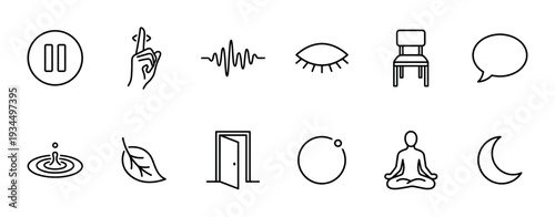 Collection of twelve simple outline icons representing mindfulness and relaxation concepts, depicted with clean lines and a modern minimalist style