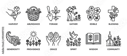 Set of twelve black outline icons visually represents various concepts of nature, spirituality, and community, depicted with a clean, minimalist line art style
